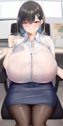 Rule 34 | 1girl, black hair, blue skirt, blurry, blurry background, bracelet, breasts, button gap, chair, chomikuplus, collared shirt, colored inner hair, dawn (chomikuplus), hair ornament, hairclip, highres, huge breasts, jewelry, mole, mole under eye, multicolored hair, office chair, office lady, on chair, original, pantyhose, pencil skirt, popped button, shirt, sitting, skirt, solo, sweat, swivel chair, two-tone hair, white shirt, yellow eyes