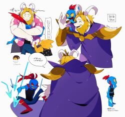 1boy 2girls aged_down alphys armor asgore_dreemurr beard blonde_hair blue_skin child cloak closed_eyes colored_sclera colored_skin cropped_torso facial_hair fins furry furry_male goat_boy goat_horns head_fins height_difference highres holding holding_polearm holding_weapon horns hug kanianoreki medium_hair multiple_girls open_mouth pauldrons polearm purple_cloak shoulder_armor simple_background sitting sitting_on_shoulder spear standing undertale undyne upper_body weapon white_background yellow_sclera