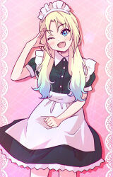 Rule 34 | 1girl, ;d, akihitohappy, alternate costume, apron, black dress, blonde hair, blue eyes, blue hair, blush, commentary request, contrast collar, cowboy shot, curtained hair, dress, enmaided, fang, gradient hair, highres, lace background, link! like! love live!, long hair, love live!, maid, maid headdress, multicolored hair, one eye closed, open mouth, osawa rurino, parted bangs, pink background, puffy short sleeves, puffy sleeves, salute, short dress, short sleeves, smile, solo, standing, two-tone hair, virtual youtuber, waist apron, white apron