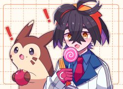 ! 1boy apple black_hair blue_shirt blush candy collared_shirt crossed_bangs food food_on_face fruit furret gen_2_pokemon gloves hair_between_eyes hairband holding holding_candy holding_food holding_fruit holding_lollipop jacket kieran_(pokemon) lollipop male_focus mole mole_on_neck motiumai multicolored_hair nintendo open_mouth orange_eyes orange_hairband partially_fingerless_gloves pokemon pokemon_(creature) pokemon_sv purple_hair red_gloves shirt simple_background swirl_lollipop upper_body white_jacket