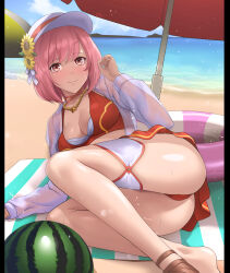 1girl ass barefoot baseball_cap beach beach_towel bikini blue_sky blush breasts brown_sandals cleavage closed_mouth collarbone day fire_emblem fire_emblem_engage fire_emblem_heroes flat_cap flower food fruit hat hat_flower innertube jacket jewelry jpeg_artifacts lapis_(fire_emblem) lapis_(forager_of_the_sea)_(fire_emblem) long_sleeves looking_at_viewer lying medium_breasts medium_hair multicolored_bikini necklace nintendo ocean official_alternate_costume on_side open_clothes open_shirt parasol pillarboxed pink_eyes pink_hair pink_innertube red_bikini ribbon sandals see-through_clothes see-through_jacket shirt short_hair sky smile solo sunflower sweat swim_ring swimsuit thighs thor_(deep_rising) towel two-tone_hat umbrella water watermelon white_hat white_jacket white_ribbon white_shirt