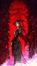 1girl absurdres black_dress black_lips breasts cleavage demon demon_girl demon_horns demon_wings diablo_(series) dress falling_petals fingernails heterochromia highres horns lilith_(diablo) medium_breasts petals red_theme rose_petals shadow sharp_fingernails solo wings xiaolumiaoliya