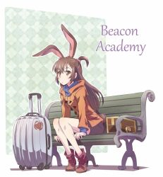 Rule 34 | 1girl, animal ears, bench, brown eyes, brown hair, commentary, cosplay, female focus, han megumi, iesupa, jacket, kagari atsuko, kagari atsuko (cosplay), little witch academia, long hair, luggage, ponytail, rabbit ears, rabbit girl, rolling suitcase, rwby, short ponytail, solo, suitcase, thighs, velvet scarlatina, voice actor connection