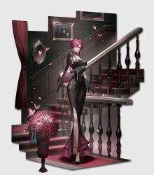 Rule 34 | 1girl, absurdres, alternate costume, bag, black bag, black choker, black dress, black gloves, black jacket, black shoes, breasts, bug, butterfly, choker, cleavage, closed mouth, clutch purse, commentary request, dress, evening gown, flower, formal clothes, full body, gloves, handbag, high heels, highres, hitohachan, holding, holding bag, honkai: star rail, honkai (series), indoors, insect, insect collection, jacket, jacket on shoulders, jewelry, kafka (honkai: star rail), large breasts, long legs, looking at viewer, necklace, no pupils, pearl necklace, pumps, purple eyes, purple hair, railing, rose, shoes, sleeveless, sleeveless dress, solo, stairs, striped clothes, striped jacket