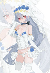 Rule 34 | 1girl, absurdres, bare shoulders, blue flower, blue rose, breasts, bridal lingerie, bridal veil, center frills, choker, cleavage, closed mouth, collarbone, commentary request, corset, elbow gloves, flower, frilled panties, frilled thighhighs, frills, girls&#039; frontline, gloves, grey hair, head tilt, highres, jo yaong, korean commentary, lingerie, long hair, looking at viewer, medium breasts, panties, red eyes, ribbon choker, rose, smile, solo, thighhighs, tokarev (a couple&#039;s journey) (girls&#039; frontline), tokarev (girls&#039; frontline), underwear, veil, very long hair, white corset, white panties, white thighhighs, zoom layer
