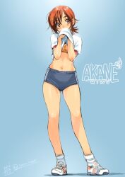 Rule 34 | 1girl, artist name, blue background, blue buruma, blush, bra, breasts, buruma, character name, clothes lift, commentary request, full body, gym shirt, gym uniform, head tilt, highres, hino akane (smile precure!), inoue sora, looking at viewer, midriff, navel, orange bra, ponytail, precure, red eyes, red hair, shirt, shirt lift, short hair, signature, smile precure!, solo, twitter username, underwear, white shirt, wiping face