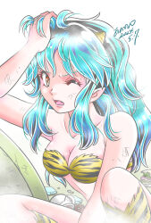 1girl 2024 animal_print aononmi bare_arms black_hair black_stripes blue_hair bra breasts bruise bruise_on_arm bruise_on_face bruise_on_leg cleavage collarbone dated fangs hand_in_own_hair highres horns injury kneehighs lum medium_breasts messy_hair multicolored_hair one_eye_closed open_mouth red_eyes socks solo strapless strapless_bra striped_bra striped_clothes striped_socks tiger_print tiger_stripes underwear urusei_yatsura yellow_bra yellow_socks