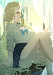 1girl absurdres akazaki_yukino ass asuna_(blue_archive) asuna_(school_uniform)_(blue_archive) blonde_hair blue_archive blue_bow blue_bowtie blue_eyes blue_halo blue_skirt blush bow bowtie breasts choker cleavage hair_over_one_eye hair_ribbon halo highres large_breasts long_hair looking_at_viewer loose_bowtie pleated_skirt ribbon shirt sitting skirt sleeves_rolled_up smile solo thighs very_long_hair white_shirt
