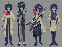 1other apron blue_skin checkered_background colored_skin deltarune electric_guitar food food_on_head formal_clothes guitar hair_over_eyes hat highres instrument kris_(dark_world)_(deltarune) kris_(deltarune) lab_coat morick nurse_cap object_on_head official_alternate_costume partially_shaded_face striped_suit suit waist_apron waiter