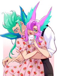 1boy 1girl animal_ears bird_boy bird_ears bird_girl blue_eyes cellphone commentary couple dress english_commentary food_print fruit_print green_(greeniris) green_hair hair_over_one_eye highres holding jewelry league_of_legends long_hair multicolored_hair phone pink_hair rakan_(league_of_legends) ring shirt smartphone smile star_guardian_rakan star_guardian_xayah strawberry_print twitter_username two-tone_hair xayah