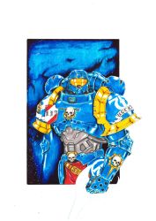 Rule 34 | 1boy, adeptus astartes, armor, auri (aurimas jucy), border, cable, commentary, crossover, english commentary, fusion, halo (game), halo (series), highres, looking at viewer, marker (medium), master chief, outside border, power armor, science fiction, skull, solo, space, traditional media, type-1 energy sword, visor, warhammer 40k, white border