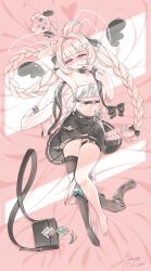 1girl absurdres ahoge aloupeep_(enna_alouette) aqua_nails arm_up armpits artist_name bag bird_tail black_skirt blonde_hair blush braid breasts cleavage enna_alouette flower glint hair_flower hair_ornament hairclip handbag highres jirai_kei linea_alba looking_at_viewer lying maiyuchi navel nijisanji nijisanji_en o-ring o-ring_thigh_strap on_back on_bed partially_undressed purple_eyes shaded_face signature single_thighhigh skindentation skirt small_breasts sunlight tail thigh_strap thighhighs twin_braids unbuttoned unbuttoned_shirt unworn_thighhighs variant_set virtual_youtuber