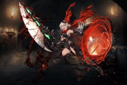 1girl artist_request ashes bare_shoulders belt blade blurry blurry_background boots bracelet breasts buckle character_request claws copyright_request dark-skinned_female dark_skin elf enegry energy energy_barrier energy_shield energy_sword flower full_body hair_flower hair_ornament holding holding_weapon huge_weapon jewelry large_breasts ninja o-ring open_mouth pointy_ears red_eyes ruins scarf sword thighhighs underboob weapon