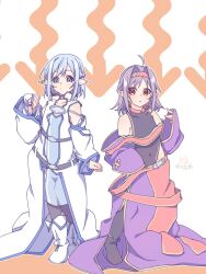 Rule 34 | 2girls, :o, aged down, ahoge, arrow (symbol), artist logo, artist name, asuna (sao), bare shoulders, belt, black belt, black boots, black leotard, black pantyhose, blue boots, blue dress, blue eyes, blue hair, boots, closed mouth, collarbone, collared leotard, covered navel, detached sleeves, dot mouth, dress, flat chest, full body, hair intakes, hand up, headband, highres, leotard, logo, looking down, medium hair, multicolored boots, multiple girls, neosight, orange background, outline, oversized clothes, pantyhose, parted lips, pointy ears, purple hair, purple skirt, purple sleeves, red eyes, red headband, signature, skirt, sleeveless turtleneck leotard, sword art online, two-tone boots, two-tone dress, white background, white boots, white dress, white outline, yuuki (sao)