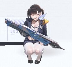 1girl black_choker black_hair black_shoes blue_jacket blue_skirt blush breasts choker cleavage dfm_(darknessdfm) goddess_of_victory:_nikke high_heels highres holding holding_rocket_launcher holding_weapon jacket open_mouth pantyhose purple_eyes rocket_launcher shirt shoes skirt solo sora_(nikke) squatting twintails weapon white_pantyhose white_shirt