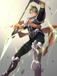achilles_(fate) armor armored_boots black_gloves black_pants black_shirt boots bracer brown_eyes crackling_energy cuirass debris fate/apocrypha fate/grand_order fate_(series) floating gloves green_hair hair_between_eyes highres holding holding_polearm holding_weapon moyashi_mou2 orange_sash pants pauldrons polearm sash shirt short_sleeves shoulder_armor smile spear thigh_strap weapon