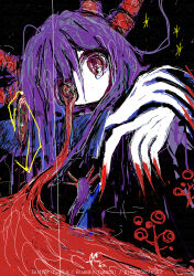 Rule 34 | 2girls, colored skin, dripping eye, f (f sfka), fingernails, highres, horns, long fingernails, long hair, long sleeves, looking at another, mini person, minigirl, multiple girls, multiple horns, original, purple hair, red horns, red nails, tears, white skin