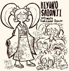 1girl absurdres anger_vein blush blush_stickers bow character_name closed_mouth commentary crying danganronpa_(series) danganronpa_2:_goodbye_despair dated doodle_inset english_commentary english_text eyelashes floral_print floral_print_kimono full_body greyscale hair_bow highres japanese_clothes josh-s26 kimono long_hair monochrome multiple_views obi open_mouth pig pointing pointing_at_viewer print_kimono saionji_hiyoko saliva sandals sash shouting signature simple_background smile smug standing tears teeth twintails upper_teeth_only v-shaped_eyebrows white_background