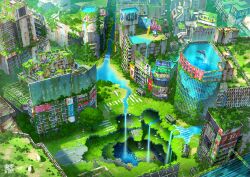 1other abandoned animal building commentary day dolphin english_commentary highres ikea kaonashi original outdoors overgrown pillar post-apocalypse railing railroad_tracks ripples river ruins scenery shibuya_(tokyo) shibuya_109 sign splashing statue tokyo_(city) tokyogenso water waterfall