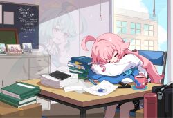 2girls ahoge ayane_(blue_archive) black_skirt blue_archive book building cabinet cellphone chair chalkboard closed_eyes cup eraser fang feet_out_of_frame ghost highres hoshino_(blue_archive) ideolo indoors long_hair long_sleeves marker multiple_girls nonomi_(blue_archive) open_mouth paper pen phone photo_(object) pink_hair serika_(blue_archive) shiroko_(blue_archive) shirt sitting skin_fang skirt sleeping smartphone smile solo_focus stuffed_animal stuffed_toy table thermos white_shirt window yume_(blue_archive)