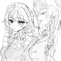 2girls :d blurry blurry_foreground blush bow braid breasts center_frills chinese_clothes closed_eyes closed_mouth collared_shirt depth_of_field frills girl_staring_at_guy&#039;s_chest_(meme) greyscale hair_bow highres hong_meiling izayoi_sakuya large_breasts long_hair maid maid_headdress meme monochrome multiple_girls open_mouth pankou sarukana shirt short_hair short_hair_with_long_locks side_braid side_braids simple_background sketch smile touhou u_u white_background wing_collar