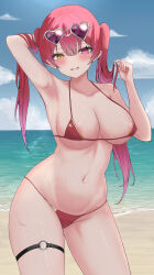 Rule 34 | 1girl, areola slip, arm up, armpits, bikini, blue sky, blush, breasts, cleavage, cloud, curvy, day, eikawa suru, eyewear on head, grin, heart, heart-shaped eyewear, heterochromia, highres, hololive, houshou marine, houshou marine (summer), large breasts, micro bikini, navel, ocean, outdoors, red bikini, red eyes, red hair, sky, smile, solo, stomach, sunglasses, swimsuit, thigh strap, twintails, virtual youtuber, yellow eyes