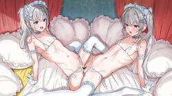 2girls armpits ata_(tsumari) bar_censor bed blue_eyes blush bra breasts canopy_bed censored clothing_aside from_side full_body gloves grey_hair hair_ribbon heart heart-shaped_pillow highres long_hair looking_at_another micro_bra micro_panties multiple_girls navel on_bed open_mouth original panties panties_aside pillow ribbon small_breasts smile stomach teeth thighhighs tribadism twintails underwear upper_teeth_only white_bra white_gloves white_headdress white_panties white_ribbon white_thighhighs yuri