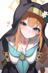 1girl absurdres animal_ear_headwear black_hat black_robe blue_archive blue_eyes blush breasts cleavage collarbone commentary_request fake_animal_ears flower gi_myeong_02 green_neckerchief halo hat hat_flower head_tilt heart highres light_smile long_hair looking_at_viewer mari_(blue_archive) medium_breasts neckerchief nun orange_hair robe school_uniform serafuku shirt simple_background solo very_long_hair white_background white_shirt