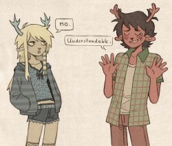 1boy 1girl aged_down animal_ears antlers blonde_hair blue_bow blue_eyes blue_shorts blue_streaks blush_stickers bow breasts brown_hair brown_pants cardigan carol_holiday closed_eyes commentary deer_ears deltarune denim denim_shorts english_commentary fishnet_socks fishnets hands_up highres horns jacket long_hair medium_hair midriff multicolored_hair open_cardigan open_clothes open_hands open_jacket open_mouth pants plaid_clothes plaid_jacket reindeer_antlers reindeer_boy reindeer_girl rudolph_holiday shirt shorts sidelocks small_breasts socks speech_bubble streaked_hair striped_cardigan szivarvanyturmix02 two-tone_hair white_shirt