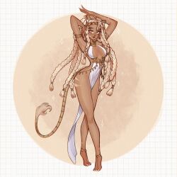 1girl animal_ear_fluff animal_ears artist_name barefoot barefoot_sandals_(jewelry) braid breasts brown_eyes center_opening chin_piercing commentary commission dark-skinned_female dark_skin dress english_commentary face_piercing full_body highres lion_ears lion_girl lion_tail long_legs looking_at_viewer medium_breasts open_hand original pelvic_curtain piercing red_lips revealing_clothes shysketch smile solo tail white_dress