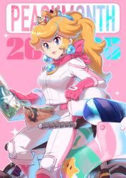 Rule 34 | 1girl, bandana, biker clothes, biker peach, bikesuit, blonde hair, blue eyes, bodysuit, breasts, closed mouth, crown, earrings, gloves, highres, holding, jewelry, large breasts, leaning, long hair, looking at viewer, map, mario (series), mario kart, mario kart world, motor vehicle, motorcycle, nintendo, official alternate costume, pink bandana, pink bodysuit, pink gloves, pink scarf, ponytail, princess peach, saiwo (saiwoproject), scarf, smile, solo, sphere earrings