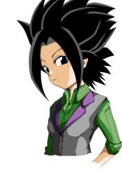 black_eyes black_hair breasts buttons caulifla check_commentary commentary commentary_request dbz_(misaki339) dragon_ball dragon_ball_super green_shirt grey_vest highres saiyan shirt sidelocks simple_background small_breasts solo spiked_hair torso vest white_background