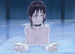 Rule 34 | black choker, black hair, breasts, chainsaw man, choker, completely nude, cystride, green eyes, hair between eyes, highres, long hair between eyes, looking at viewer, medium breasts, night, no nipples, nude, partially submerged, pool, pov, reze (chainsaw man), seductive smile, shiny skin, smile, wet, wet hair