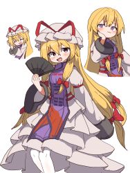 1girl blonde_hair blush closed_eyes closed_mouth dress hair_between_eyes hair_ribbon hand_fan hat highres holding holding_fan long_hair long_sleeves looking_at_viewer magg_(user_mtca8588) mob_cap multiple_expressions no_headwear open_mouth puffy_sleeves purple_eyes purple_tabard ribbon smile smug tabard thighhighs touhou variations very_long_hair white_background white_dress white_thighhighs yakumo_yukari