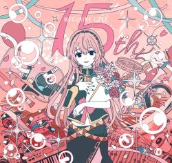 1girl acoustic_guitar anniversary balloon belt betete black_shirt black_skirt black_sleeves blue_eyes bouquet bubble character_name commentary cymbals detached_sleeves effects_pedal electric_guitar fender_stratocaster flat_color flower guitar hand_on_own_chest headphones heart holding holding_bouquet instrument leaf long_hair megaphone megurine_luka microphone pink_background pink_flower pink_hair pink_theme red_flower shirt single_detached_sleeve skirt smile solo sparkle tambourine very_long_hair vocaloid white_flower white_nails yellow_belt yellow_trim