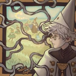 2boys 4girls agott_(tongari_boushi_no_atelier) black_hair blonde_hair blue_hair book cloak closed_mouth coco_(tongari_boushi_no_atelier) glasses grass grey_hair hat leggings long_hair long_sleeves madileigh magic multiple_boys multiple_girls non-web_source olruggio_(tongari_boushi_no_atelier) pink_hair qifrey&#039;s_atelier_apprentice_uniform qifrey_(tongari_boushi_no_atelier) reading richeh_(tongari_boushi_no_atelier) short_hair tassel tetia_(tongari_boushi_no_atelier) tongari_boushi_no_atelier