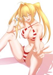 Rule 34 | &gt;;d, 10s, 1girl, ;d, ahoge, bad id, bad twitter id, bare shoulders, bead bracelet, beads, bikini, blonde hair, blush, bracelet, breasts, cleavage, collarbone, commentary request, earrings, elbow on knee, fate/extra, fate/grand order, fate (series), female focus, green eyes, hair intakes, halterneck, highres, jewelry, knees up, large breasts, legs, long hair, looking at viewer, navel, nero claudius (fate), nero claudius (swimsuit caster) (fate), one eye closed, open mouth, red bikini, shadow, simple background, sitting, smile, solo, striped bikini, striped clothes, swimsuit, twintails, ulrich (tagaragakuin), v, v-shaped eyebrows, white background