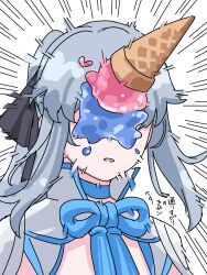 1girl fate/grand_order fate_(series) food food_on_face grey_hair hair_ribbon highres ice_cream ice_cream_on_face long_hair morgan_le_fay_(fate) morgan_le_fay_(first_ascension)_(fate) niwaikanai ponytail ribbon sidelocks solo