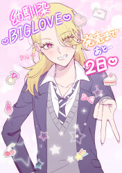 1girl blonde_hair blue_jacket blue_necktie clenched_teeth collarbone collared_shirt commentary_request diagonal-striped_clothes diagonal-striped_necktie earrings grey_sweater gyaru_v hair_over_one_eye highres jacket jewelry kanno_fumi_(kannno23) koyuki_(osananajimi_biglove) long_hair long_sleeves looking_at_viewer necktie official_art osananajimi_biglove pink_eyes purikura school_uniform shirt solo striped_clothes sweater teeth translation_request upper_body v white_shirt