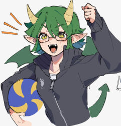 1girl alternate_costume arm_up ball black_jacket breasts carrying carrying_under_arm clenched_hand cropped_torso double-parted_bangs draco_centauros dragon_girl dragon_tail flipped_hair green_wings horns jacket leaning_forward light_blush long_sleeves open_mouth pointy_ears puyopuyo puyopuyo_quest short_hair shout_lines simple_background sketch slit_pupils small_breasts solo tail teeth tongue track_jacket upper_body urolo v-shaped_eyebrows volleyball_(object) white_background wings yellow_eyes yellow_horns zipper_pull_tab