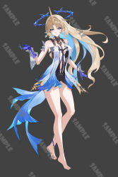 1girl absurdres bare_legs bare_shoulders barefoot black_collar black_dress blonde_hair blue_eyes blue_hair breasts chinese_commentary closed_mouth collar colored_inner_hair commentary_request crown_of_thorns doufu_si_yi dress earrings feet fleurdelys_(wuthering_waves) floating_earrings full_body grey_background hand_up highres horns jewelry large_breasts legs long_hair long_horns looking_at_viewer multicolored_hair necklace parted_bangs pointy_ears sample_watermark simple_background single_horn solo tabard tacet_mark_(wuthering_waves) thighs toes very_long_hair watermark white_tabard wuthering_waves yellow_horns