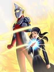 1boy 1girl alien armor artist_logo aura bandana black_bandana black_dress black_hair black_skin blue_eyeshadow blue_gemstone blue_streaks breastplate brown_eyes clenched_hands color_timer colored_skin commentary diffraction_spikes dorsal_fin dress dual_persona energy_ring eyeshadow feet_out_of_frame fiery_background fire forehead_jewel furrowed_brow gem giant glowing glowing_chest glowing_eyes hand_on_own_chest henshin highres julie_(ultraman_cosmos) kazuzu-art legs_apart logo long_dress long_hair long_sleeves looking_ahead makeup multicolored_hair multicolored_skin open_mouth pectorals red_skin serious shoulder_armor silver_skin standing streaked_hair teeth tokusatsu toned toned_male ultra_series ultraman_cosmos_(series) ultraman_justice ultraman_justice_(standard_mode) white_background yellow_aura yellow_eyes