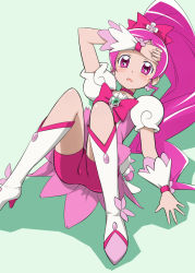 10s 1girl bike_shorts bike_shorts_under_skirt boots brooch cameltoe cure_blossom eyelashes female_focus hanasaki_tsubomi heart heart_brooch heartcatch_precure! high_ponytail jewelry knee_boots long_hair lying magical_girl pink_eyes pink_hair ponytail precure shorts shorts_under_skirt solo very_long_hair youkan