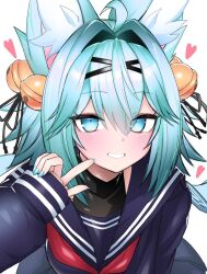 1girl ahoge animal_ear_fluff animal_ears aqua_hair bell black_ribbon blue_eyes blue_hair blue_nails blue_shirt blush breasts covered_collarbone fingernails fox_ears grin hair_bell hair_between_eyes hair_intakes hair_ornament hair_ribbon hairclip heart highres index_finger_raised jingle_bell lamandavrc leaning_forward long_hair long_sleeves looking_at_viewer medium_hair nail_polish neckerchief pleated_skirt pointing pointing_at_self red_neckerchief ribbon rindo_(vrchat) sailor_collar school_uniform serafuku shirt simple_background skirt sleeves_past_wrists smile solo upper_body vrchat white_background