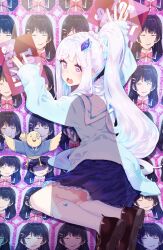 1girl against_wall animal bird blue_cardigan blue_hair blue_skirt blush brown_shoes cardigan caught clothed_animal commentary_request constricted_pupils embarrassed from_side full_body furrowed_brow grey_hair hair_ornament hands_up high_ponytail highres kneehighs lize_helesta lize_helesta_(4th_costume) loafers long_hair looking_at_viewer multicolored_hair nijisanji odd_one_out open_mouth photo_(object) pink_eyes ponytail ponytail_with_braided_base pov_shadow recurring_image sailor_collar sebastian_piyodore shirogami_seisho shoes sidelocks skirt smirk socks solo spread_wings streaked_hair teeth tsukino_mito tsukino_mito_(1st_costume) upper_teeth_only very_long_hair virtual_youtuber white_sailor_collar white_socks