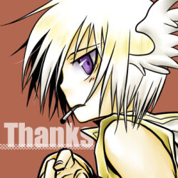 1girl ark_kan brown_background champion_(ragnarok_online) cigarette coat commentary_request feathered_wings head_wings looking_at_viewer looking_to_the_side lowres open_mouth profile purple_eyes ragnarok_online short_hair simple_background sleeveless sleeveless_coat solo thank_you upper_body white_coat white_hair white_wings wings