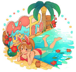 1girl animal_ear_hairband animal_ears barefoot barrel bikini breasts brown_eyes character_name cleavage coconut_cup commentary_request curly_hair dragon_quest dragon_quest_builders_2 fake_animal_ears feet_up flower hairband hands_on_own_cheeks hands_on_own_face high_ponytail looking_at_viewer looking_to_the_side medium_breasts miyama_(kannsannn) orange_hair palm_tree pero_(dqb2) ponytail pool poolside rabbit_ears red_bikini red_flower smile solo swimsuit tree water white_background white_hairband