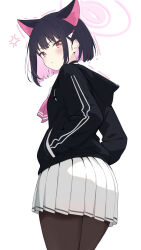 1girl absurdres anger_vein animal_ears black_hair black_jacket black_pantyhose blue_archive blush cat_ears colored_inner_hair commentary_request from_behind hair_ornament hairpin halo hands_in_pockets highres hood hood_down hooded_jacket jacket kazusa_(blue_archive) kurumi_kororin looking_at_viewer medium_hair motion_lines multicolored_hair neckerchief pantyhose pink_hair pink_halo pink_neckerchief pleated_skirt pout red_eyes sidelocks skirt solo white_background white_skirt