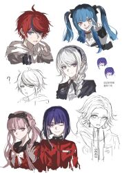 3boys 3girls ? amemiya_darumi aotsuki_eito black_bow black_hair black_hairband black_headband blue_hair bow braid braided_ponytail brother_and_sister closed_mouth collar drooling hair_between_eyes hair_bow hairband headband heart kirifuji_nozomi long_hair looking_at_another looking_at_viewer looking_to_the_side mole mole_under_eye multicolored_hair multiple_boys multiple_girls one_eye_closed open_mouth pink_eyes pink_hair purple_eyes red_hair safety_pin saliva shirt siblings simple_background sketch smile streaked_hair striped_clothes striped_shirt sumino_takumi the_hundred_line_-last_defense_academy- tongue tongue_out tsukumo_ima tsukumo_kako twins twintails v white_background white_hair wings