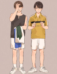 2boys absurdres adjusting_hair ankle_socks bags_under_eyes black_hair brown_eyes brown_hair coincoinco collarbone collared_shirt cosplay costume_switch film_grain fingernails full_body furrowed_brow grey_background grin hand_over_eye head_tilt highres holding holding_jacket holding_removed_eyewear holding_unworn_clothes jacket kaido_kaoru light_blush looking_at_viewer male_focus multiple_boys notched_neckline parted_bangs serious shirt shoes short_hair short_sleeves shorts side-by-side smile sneakers socks sportswear standing straight-on tank_top tennis_no_ouji-sama tennis_uniform unworn_eyewear unworn_jacket v-shaped_eyebrows white_shoes white_shorts white_socks yagyuu_hiroshi yellow_shirt